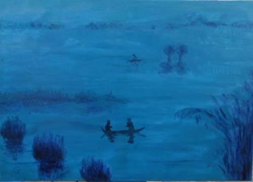 Gemälde Nachts am See in tiefem Blau